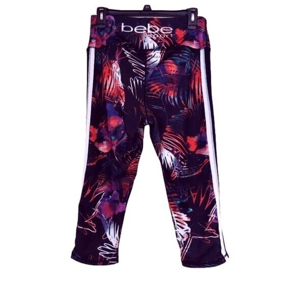 Bebe Sport Women's Tuxedo Striped Tropical Print Cropped Athletic Leggings - Picture 3 of 5